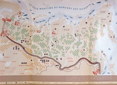 Carte de la Sibérie montrant les immenses ressources naturelles de la région et représentant une route maritime qui ouvrirait le commerce, 1933 - French School