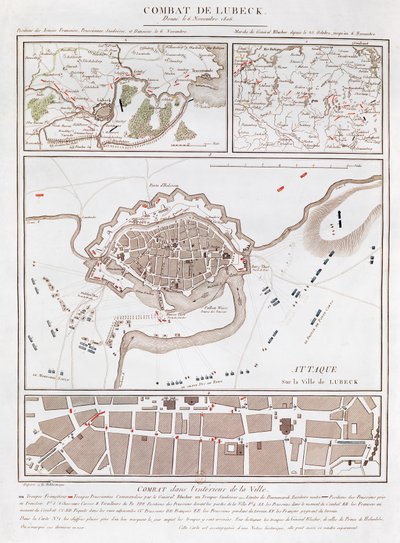 Carte du combat à la Bataille de Lübeck, montrant les positions des armées françaises, prussiennes, suédoises et danoises - French School