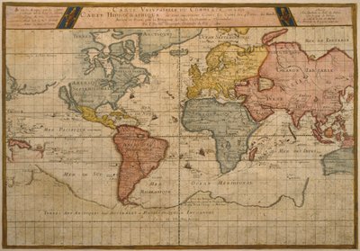Carte montrant les routes commerciales mondiales, cartographie par Pierre Duval (1619-83) publiée en 1686, Paris - French School