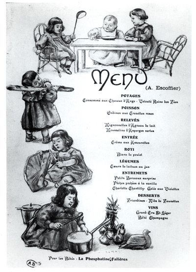 Menu créé par Auguste Escoffier (1846-1935) pour les enfants et les bébés, c.1900 - French School