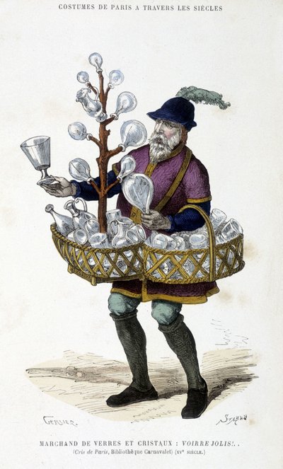 Marchand de verres et cristaux au XVe siècle - dans "Paris à travers les siècles" par H. Gourdon de Kenouillac, éd. F. Roy, Paris - French School