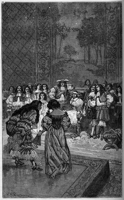 Molière et sa troupe jouant devant le roi Louis XIV et le cardinal Jules Mazarin (Giulio Raimondo Mazzarino ou Mazarino) (1602-1661). Gravure dans « Le Monde Illustré » 1886. - French School