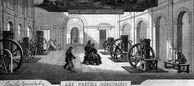 Fabrication de monnaie : atelier de presses à monnaie. Gravure dans « Le Monde Illustré » n°145 du 21 janvier 1860 - French School