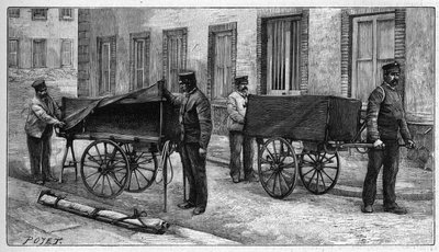 Dépôts mortuaires à Paris : voitures funéraires utilisées pour transporter les corps au dépôt. Gravure dans "La Nature. Revue des sciences et de ses applications aux arts et à l