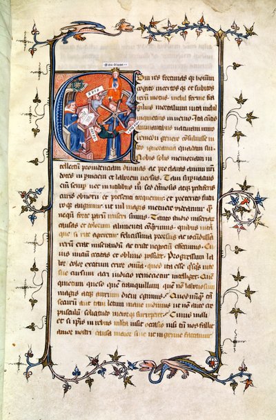 Ms.239 fol.1 Page avec une initiale historiée représentant un homme assis devant la Roue de la Fortune, de 