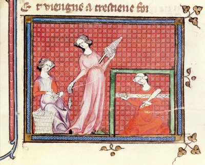Ms 1044 fol.101 La Femme Forte des Écritures filant avec ses servantes, de l