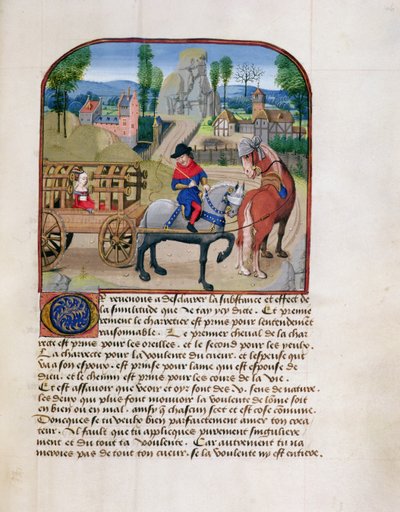 Ms 165 fol.46r Dame dans une charrette couverte tirée par deux chevaux, de l