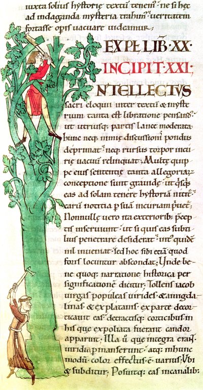Initiale historiée I représentant un moine et un laïc coupant et taillant un arbre, de Moralia in Job par le Pape Grégoire le Grand - French School