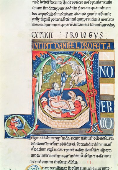 Ms 1 fol.185v Initiale historiée A représentant Daniel dans la fosse aux lions, de la Bible de Souvigny - French School