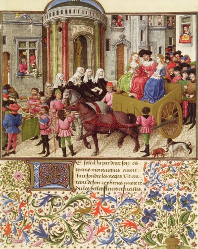 Thésée fait une entrée triomphale à Athènes, de La Teseida, par Giovanni Boccaccio (1313-75) 1340-41 - French School