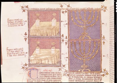 Ms 290 Tome 1 f.89v Table des offrandes et la menorah, des Postilles sur la Bible par Nicolas de Lyre - French School
