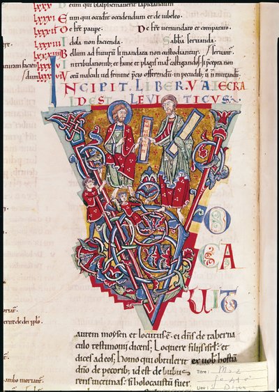 Ms 2 fol.41v Initiale historiée V représentant une scène du Livre du Lévitique, de la Bible de Saint-Bénigne - French School