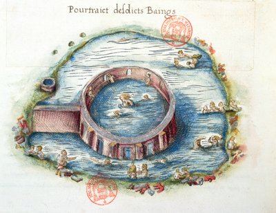 Les Bains de Bourbon-Lancy, illustration de Generale Description du Bourbonnais par Nicolas de Nicolay, 1569 - French School