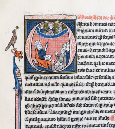 Ms 3458, initiale historiée O représentant le philosophe grec ancien Aristote, enseignant un groupe de clercs d