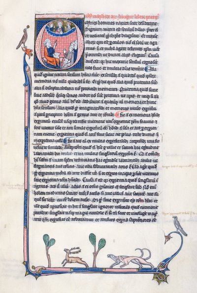 Ms 3458, initiale historiée O représentant le philosophe grec ancien Aristote, enseignant un groupe de clercs d