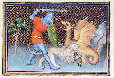 Yvain, le Chevalier au Lion, combattant un dragon, miniature du Roman de Lancelot (détail) - French School