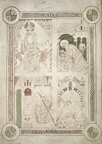 Ms 616 f.1v Saint Augustin aux pieds du Christ et le scribe Alardus offrant son livre à Saint Vaast, frontispice des Confessions de Saint Augustin - French School