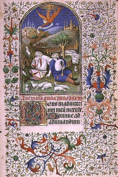 Ms 66 f.48r Ange apparaissant à deux bergers, Amiens (vélin) - French School