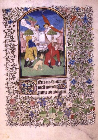 Ms 69 f.52r Deux anges apparaissant aux bergers, du Livre d