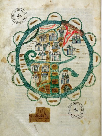 Carte du monde sous forme de globe, miniature des Grandes Chroniques de Philippe le Hardi - French School