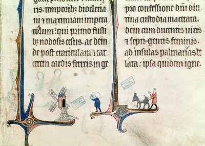 Ms 838 fol.55 Un homme conduisant son âne portant des sacs de blé à un moulin à vent, de l