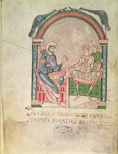 Ms 90 Saint Augustin argumentant avec Faustus en présence de leurs élèves, frontispice de Saint Augustin Contre Faustus - French School