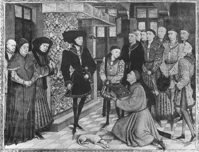 Ms 9242 Chroniques de Hainaut, Philippe le Bon, duc de Bourgogne, présenté avec la traduction des Chroniques par Jean Vauquelin, Charles le Téméraire enfant à sa gauche - French School
