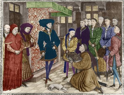 Ms 9242 Chroniques du Hainaut, Philippe le Bon, duc de Bourgogne, présenté avec la traduction des Chroniques par Jean Vauquelin, Charles le Téméraire enfant à sa gauche (coloration ultérieure) - French School