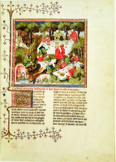 Chasseurs festoyant avant la chasse au cerf, du Livre de la Chasse par Gaston Phébus de Foix (1331-1391) - French School