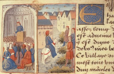 Ms Hunter 252 f.183r Une Conférence et Jonchage de Joncs dans les Rues, des Cent Nouvelles Nouvelles, 1462 - French School
