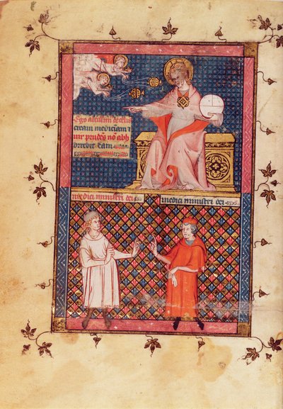 Ms Lat 14023 fol.1v Dieu créant la médecine et donnant la connaissance aux médecins, du Canon de la Médecine par Avicenne (Ibn Sina) (980-1037) traduit par Gérard de Crémone (1114-1187) vers 1320 - French School