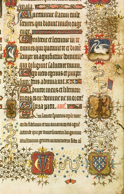 Ms Lat 919 fol.96 Détail des armoiries et décoration animale, de Saint Pierre conduisant Jean de France (1340-1416) Duc de Berry au Paradis, des Grandes Heures du Duc de Berry - French School