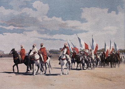 Spahis natifs allant à une fantaisie en grande pompe, bannières déployées - dans "Album militaire" - Spahis - French School