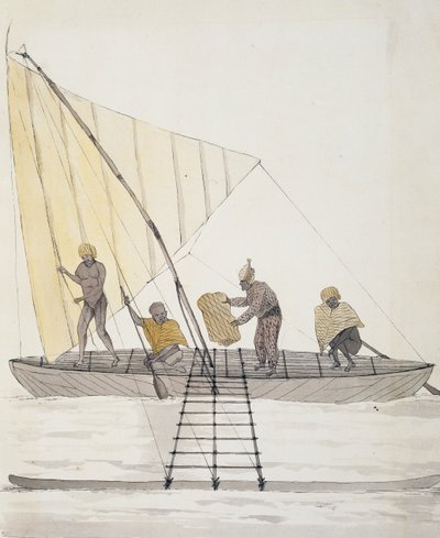 Autochtones des Îles Basses et canoë à voile équilibrée, aquarelle de Jules-Louis Lejeune, du Voyage de Duperrey - French School