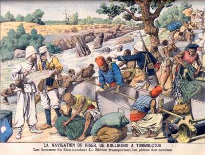 Navigation sur le fleuve Niger entre Koulikoro et Tombouctou. Une expédition commandée par le commandant Le Blevec transportant des bateaux en sections autour des rapides. La navigation du Niger, de Koulikoro à Tombouctou. Les hommes du commandant Le Bleve - French School