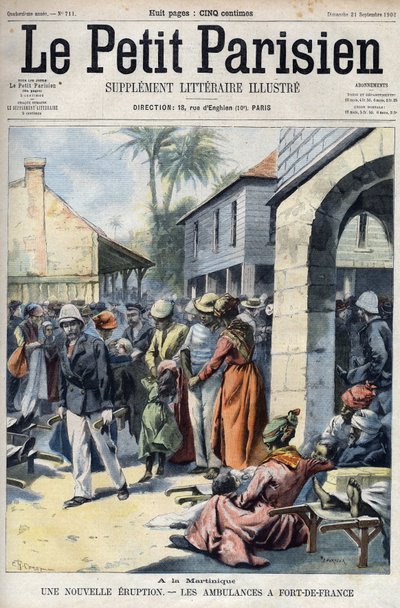 Nouvelle éruption volcanique du Montagne Pelée en Martinique : ambulances à Fort-de-France. Gravure dans "Le Petit Parisien" - French School