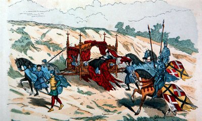 Noble Transporté en Litière par des Domestiques au 14ème Siècle en Europe - French School