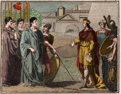 Numa Pompilius, légendaire deuxième roi de Rome, rend le bouclier sacré aux prêtres de Mars - French School