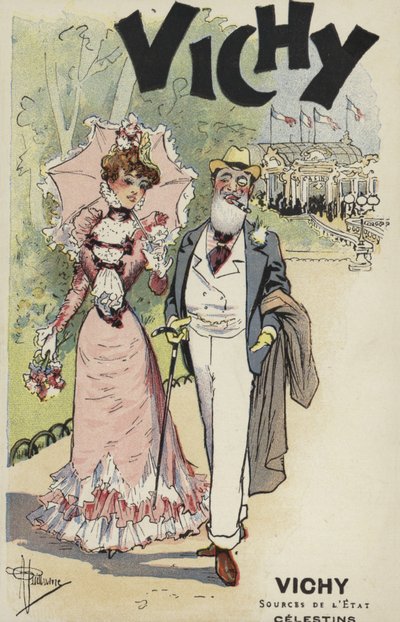 Vieil homme et jeune fille marchant, publicité pour Vichy - French School