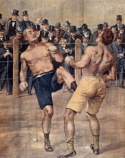 Une des premières rencontres de savate, boxe française, disputée à Paris en 1899, gravure en couleur, France - French School