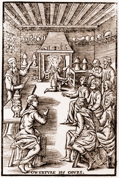 Ouverture du cours de chimie transmutatoire - gravure de 1653 dans "LE VRAY ET METHOD COURSES DE PHYSICS RESOLUTIVE" par Annibal Barlet - French School
