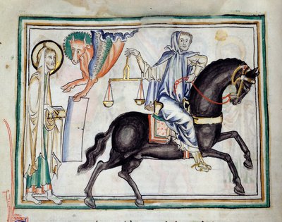Ouverture du troisième sceau : un chevalier sur un cheval noir tenant une balance symbolisant la pénurie et la famine - French School