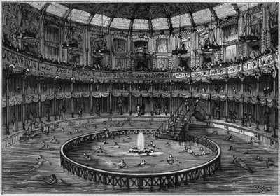 Aperçu de la piscine de la rue Saint Honoré, à Paris. Gravure dans « La Nature. Revue des sciences et de ses applications aux arts et à l