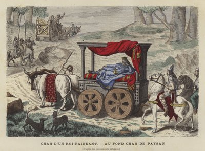 Charrette à bœufs transportant un roi allongé - French School