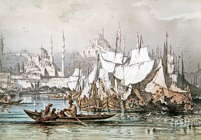 Panorama des navires dans le port de Constantinople avec la Mosquée Bleue et Sainte-Sophie - French School