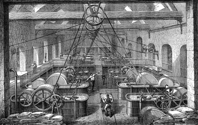 Industrie du papier : atelier de raffinage et de blanchiment de la pâte à papier. Gravure 1867 - French School