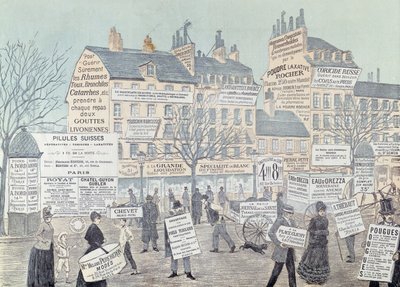Scène de rue parisienne avec de nombreuses publicités, principalement pour des médicaments, 1885 (gravure en couleur) - French School