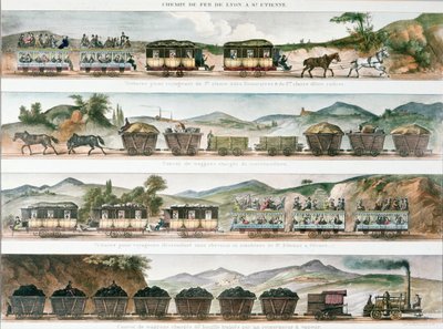 Passagers et marchandises sur la première ligne française ouverte entre Lyon et Saint-Étienne, 1829 (lithographie en couleur) - French School