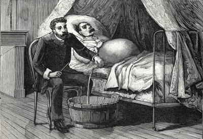 Patient avec cirrhose hépatique avancée, docteur effectuant une ponction (gravure) 1888 - French School