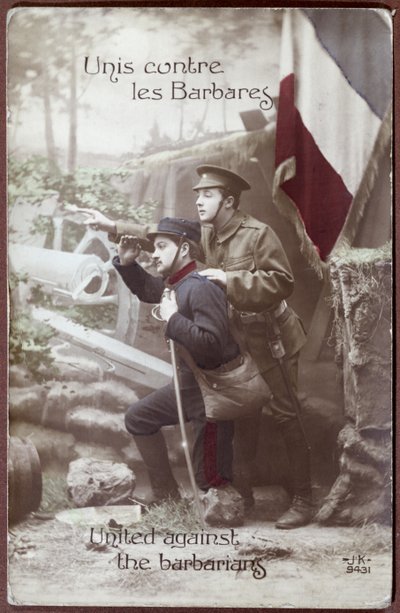 Carte postale patriotique de la Première Guerre mondiale, représentant un soldat français et un soldat anglais ensemble, c.1915 - French School